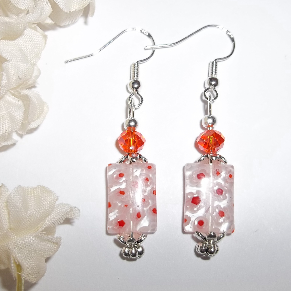 Clearance - Orange & Clear Flower Earrings Dangle Beaded 2748